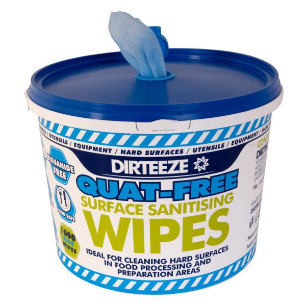 Open bucket of anti-bacterial Quat-Free Sanitising Wipes